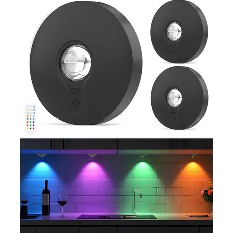 Wiederaufladbare RGB-LED-Leuchten mit Fernbedienung, Unterbau-Küchenbeleuchtung, eingebauter 1500-mAh-Akku, einstellbare Helligkeit, mit Timer, kabellose Klebe-Möbelbeleuchtung, schwarz, 3er-Pack.