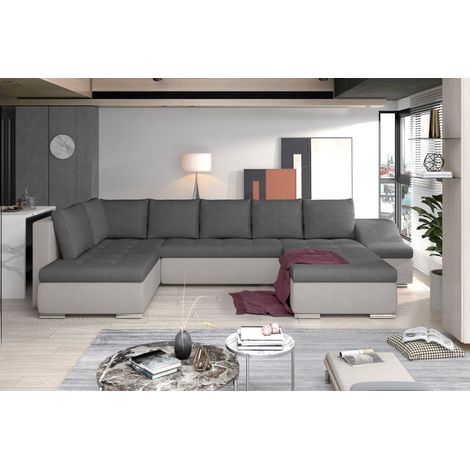 Canapé panoramique GYOVANI gris foncé et gris clair angle droit convertible pieds métal (1/2)