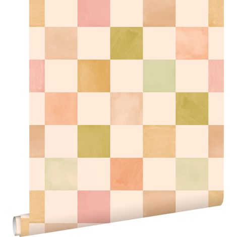 papier peint à damier beige, rose et vert  - ESTAhome