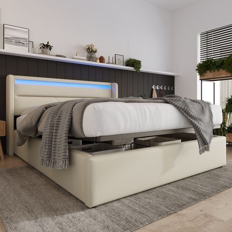 letto contenitore 160x200 LED salvaspazio PU bianco HAVRYA (1/5)