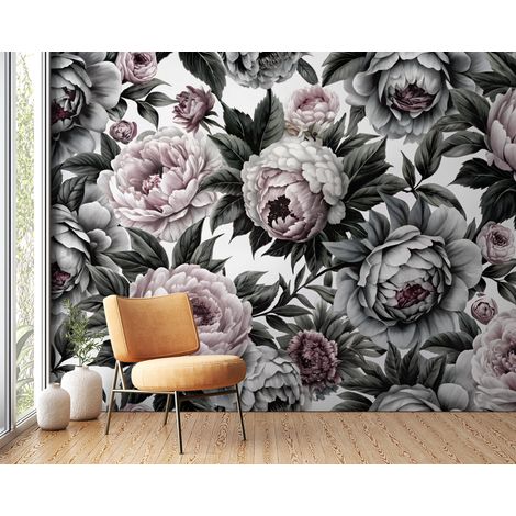 Papier peint fleuri - pivoines rétro grises - 150 x 250 cm (1/2)