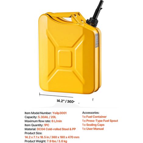 Contenitore per carburante, capacità 20 litri, struttura in metallo resistente, 1 pezzo, colore giallo. (1/2)