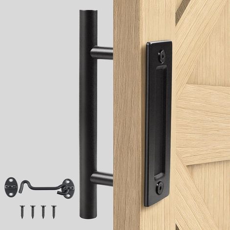 30cm/11" Poignée Porte Coulissante Kit avec Crochet de Porte Pour Porte de Grange, Portail, Noir Mat (1/5)