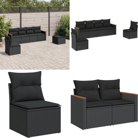 Set de sofás de jardín 6 piezas y cojines ratán sintético negro - Cojines para sofás - Ratán sintético