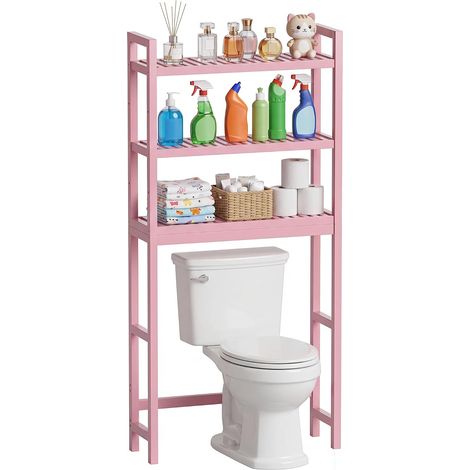 Bathroom Storage Shelf, Bamboo Over-The-Toilet Organizer Rack, Freestanding Toilet Space Saver with 3 Shelves (Pink) (1/5)