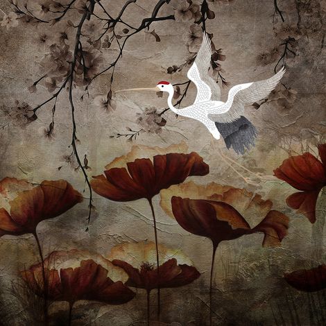 Papier peint panoramique - Fleurs Oiseau - 130 cm x 130 cm (1/2)