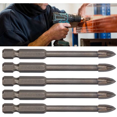 Set mit 5 multifunktionalen Bohrern, Sechskant-Kreuzbohrern, Glasbohrern, Bohrern zum Bohren von Beton- und Zementwänden, 7 mm Durchmesser. (1/5)