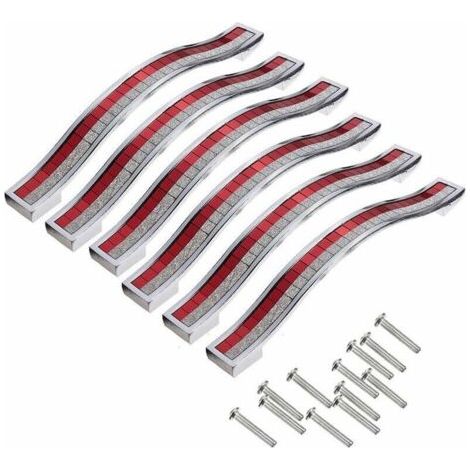 Set aus 6 dekorativen Glastürgriffen mit einem Durchmesser von 96 mm für Schränke, Schubladen, Kleiderschränke, Abfalleimer und Garderobenständer in Silber und Rot. (1/4)