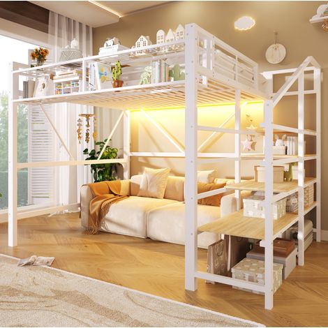 Cama alta para adultos/niños de 140x200 cm con LED, estante en escalera, espacio de almacenamiento, metal blanco (1/5)