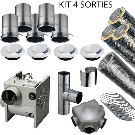 Poujoulat – Pack distribution d'air chaud 4 sorties – Moteur 500 m³/h – Flexible alu acoustique 3m – 4 bouches ventilation 125mm – Boîtier galvanisé