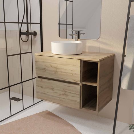Mueble de baño 80 Roble con 2 Cajones y Estantes - Encimera y Lavabo Blanco (1/4)