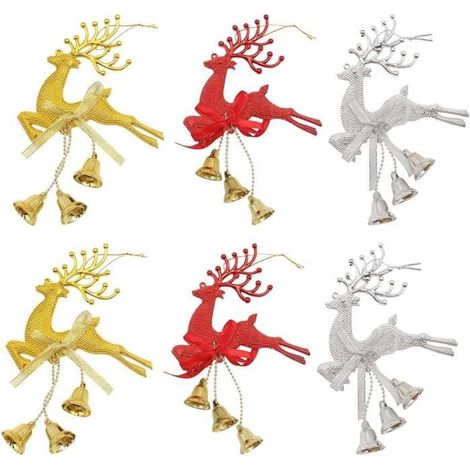 6 Stück Rentier-Anhänger mit Glocke und Schleife, Weihnachtsrentier- und Elch-Baumschmuck