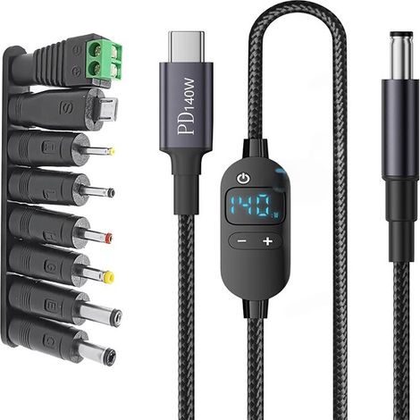 USB-C-zu-DC-Netzteilkabel, 140 W auf 5 V, 9 V, 12 V, 15 V, 20 V, 28 V (einstellbare Spannung), geeignet für Laptops und Router.