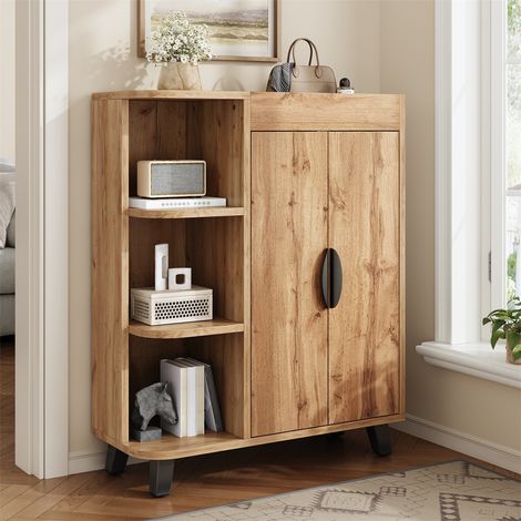 Meuble à Chaussures Étroit Effet Bois Naturel - 80x32x99 cm - Armoire de Rangement avec Portes et Étagères Ouvertes - Naturel (1/5)