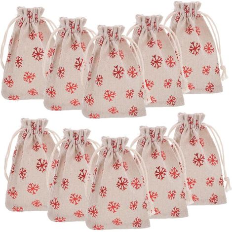 Sacs en lin, lot de 10, sacs en jute avec cordon de serrage, imprimé étoiles, sacs cadeaux de Noël, sacs en toile de jute, sacs en tissu, sacs cadeaux suspendus, flocon de neige, rouge, 10 × 14 cm (1/5)