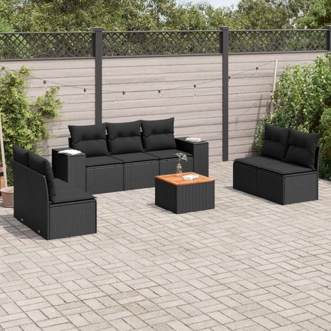 Ensemble jardin 8 places résine tressée noir avec coussins et table acacia - Mobilier extérieur modulaire rangement intégré (1/3)