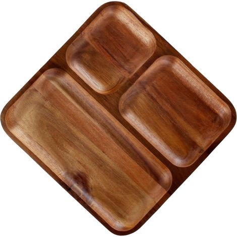Plateau en bois d'acacia, 25,4 cm x 25,4 cm x 2,5 cm, plateau à grignotages et fromages pré-assaisonné, plateau réutilisable brun pour fruits et légumes. (1/5)