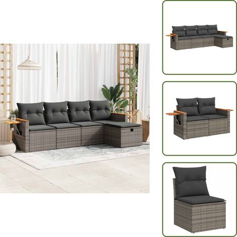 5-tlg. Garten-Sofagarnitur mit Kissen Grau Poly Rattan - Gartensofa Set - Garten Sofa Set - Outdoor Sofa Set - Garten Sofagarnitur (1/5)
