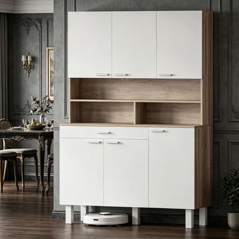 Buffet de cuisine haut en bois 120x40x175cm avec 6 portes,1 tiroir,niches ouvertes,plan de travail et pieds métal,Blanc et Naturel (1/5)