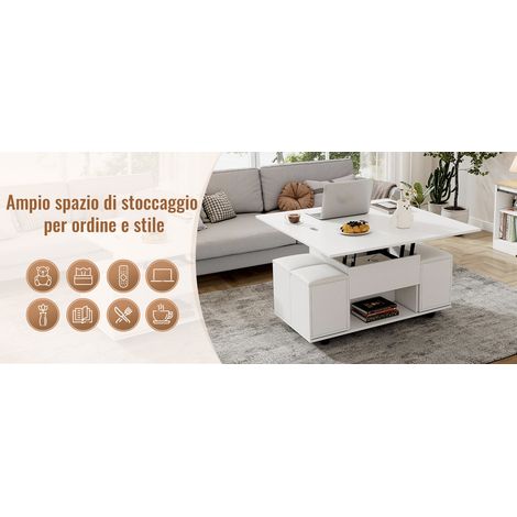 (product change)table basse réglable en hauteur, table basse multifonction 3-en-1, table de salon avec rangement, convertible en table à manger de salon table de travail avec roulettes et 4 tabourets, (1/5)