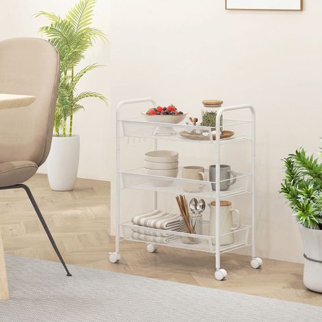 Carrito de 3 niveles con cestas, carrito de servicio con ruedas, carrito de almacenamiento, 45 x 26,5 x 63 cm, blanco