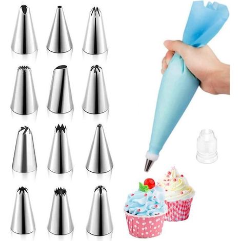 Poches a Douille Ensemble, 12 Douilles Patisserie, Poches à Douille Silicone Réutilisables, Adaptateur, DIY Poche Douille Pati[28] (1/4)