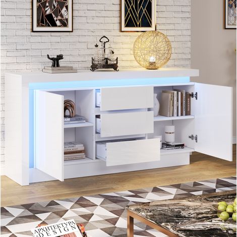 Aparador 140x35x72 cm blanco en tablero de partículas con LED, 3 cajones, 2 puertas y estantes ajustables (1/5)