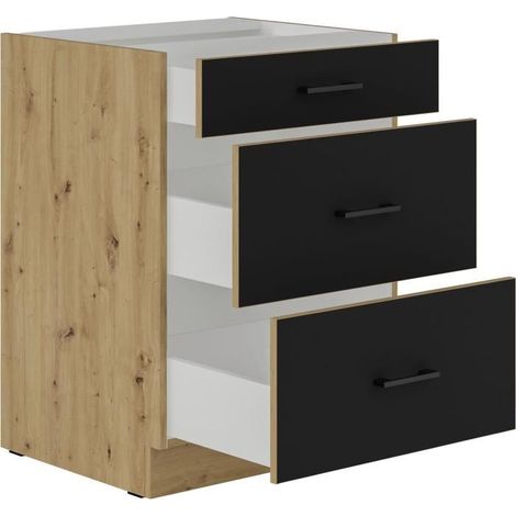 Meuble bas casserolier 3 tiroirs – Dimensions 60 x 52 x 82 cm – Chêne artisan et noir mat – Amortisseurs pour fermeture douce – 1000Brico (1/5)