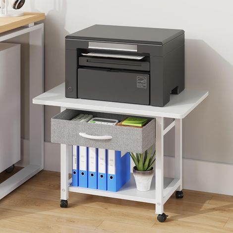 Meuble Imprimante 2 Niveaux, Support Bureau avec roulettes, Blanc (1/5)