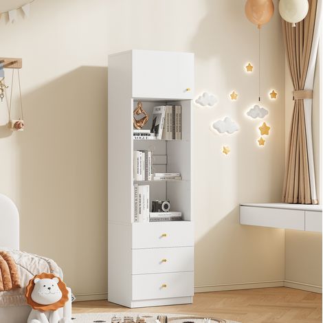 Vitrina alta con estanterías de vidrio regulables y 3 cajones, en blanco, 50x40x180 cm (1/5)