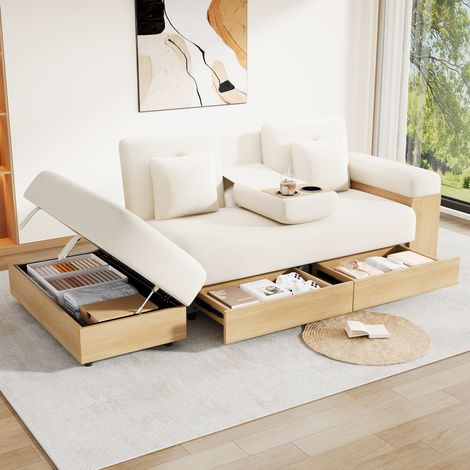 Canapé panoramique avec rangement, dossier réglable 3 positions, fonction lit, tissu chenille, pouf coffre et porte-gobelet Beige (1/5)