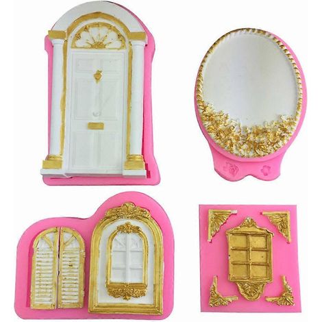 Ensemble de 4 moules en silicone 3D pour portes et fenêtres, bordures de gâteaux, décoration de fondant et de biscuits (1/4)
