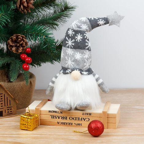 Figurine de Père Noël, lutin en peluche, ornement (Gnome au chapeau long gris clair) (1/5)