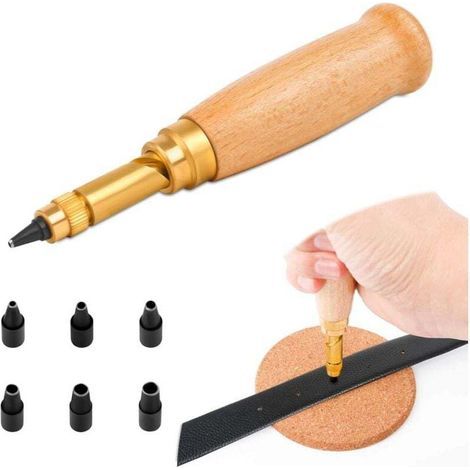 Poinçon automatique pour cuir Manche en bois avec 6 outils Pointes de reliure, 1,5 mm, 2 mm, 2,5 mm, 3 mm, 3,5 mm, 4 mm, poinçons interchangeables, pour la couture, le cuir, le papier, l'artisanat (1/5)