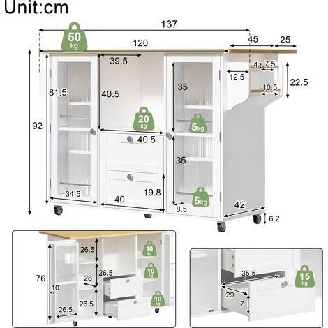 Kücheninsel auf Rollen mit klappbarer Arbeitsplatte, freistehender Küchenschrank, Servierwagen mit Stauraum, 2 Schubladen, Gewürzregal, Handtuchhalter, feststellbare Rollen, 120 × 45 (70) × 92 cm (1/5)