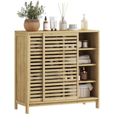 Meuble de salle de bain en bambou naturel avec 2 portes coulissantes, design à lattes, 4 étagères, 80 x 34 x 80 cm (1/5)