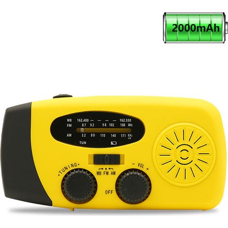 Radio d'urgence avec panneau solaire, manivelle, indicateur météo avec lampe torche LED, chargeur de téléphone portable, version européenne.