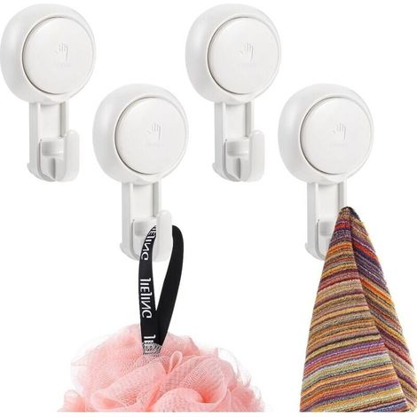 Set mit 4 Wandhaken aus Kunststoff mit Saugnapf, Tragkraft 5 kg, kein Bohren erforderlich, wiederverwendbar, 360° drehbar, Handtuchhalter, Duschhandtuchhalter, Kranzplatte für Küche, Badezimmer (Weiß) (1/4)