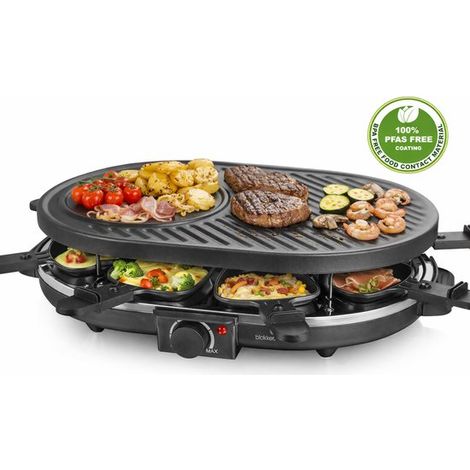 Appareil à raclette - Coffret gourmet - 8 poêles - Voyant lumineux - Thermostat réglable - Revêtement ILAG - Sans PFAS - Plaque de cuisson en acier - 8 spatules - Antidérapant - RG-131524.1 Noir (1/5)