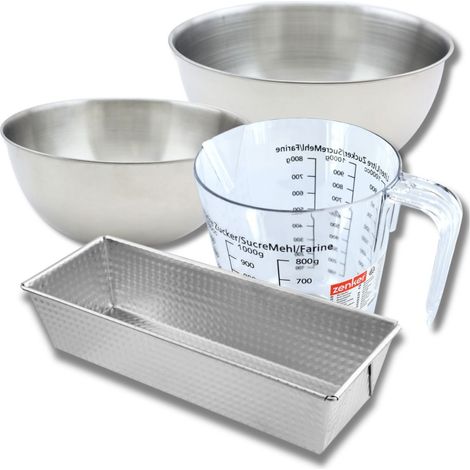 Set pâtisserie avec moule à cake acier 30 cm, 2 bols à mixer, verre mesureur et spatule Zenker (1/5)
