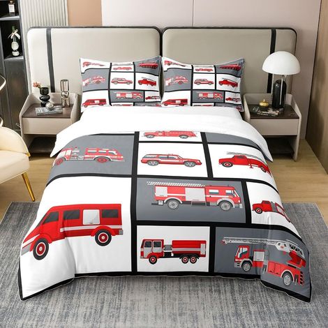 Garçon Fire Voitures 100% Coton Housse de Couette 140x200cm Enfant Fille Voiture Parure de lit Pompier Fire Voitures Parure de lit Coton Set Housse de Couette décoration Voiture Rouge - 140 x 200 cm + (1/5)
