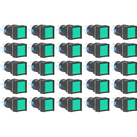 Lot de 25 interrupteurs à bouton-poussoir carrés autobloquants avec voyant lumineux, 16 mm, 220 V, 5 A, vert (1/5)