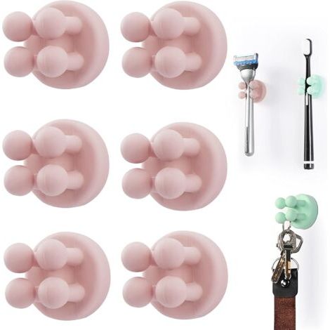 Lot de 6 Supports de Brosse à Dents en Silicone Multifonction pour Rasoir - Étanche - Auto-adhésif Mural - pour Mur ou Verre - pour Suspendre Salle de Bain, Cuisine, Salon, Bureau (Rose)