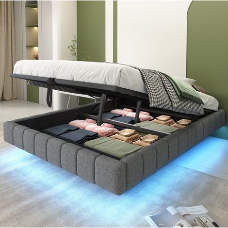 Cama tapizada 140/200 cm gris de lino con almacenamiento hidráulico y LED (1/5)
