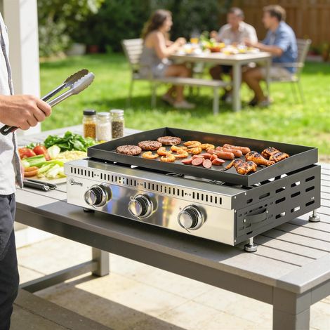 Plancha gaz 9 kW 3 brûleurs en acier inoxydable, surface cuisson 56,5 x 33 cm, bac de récupération des graisses, noir (1/5)