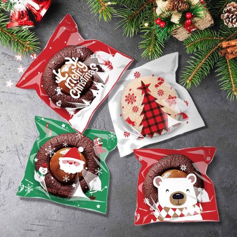 400 sachets à bonbons autocollants en forme de sapin de Noël et de flocons de neige, style kraft, avec fermeture automatique. (1/4)