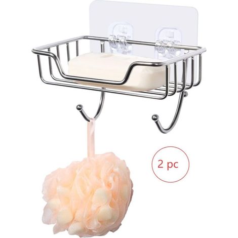 Juego de jabonera de 2 piezas, soporte de acero inoxidable para jabón de pared con 2 ganchos, soporte para esponja, autoadhesivo para baño y cocina. (1/4)