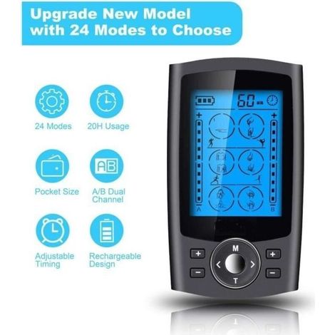 (Noir)Électrostimulateur Tens Anti-Douleur et Électrostimulation Musculaire EMS - 2 Canaux 24 programmes de Massage + 12 électrodes -Noir