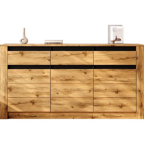 Buffet 135 x 35 x 70 cm en panneau de particules, 3 tiroirs et 3 portes, effet bois ondulé, meuble de rangement moderne pour salon, hall et salle à manger  CHICFURN (1/5)