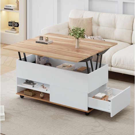 Mesa de centro elevable 100 x 98 x 65 cm con almacenaje y ruedas blanco OKMYHOME (1/5)